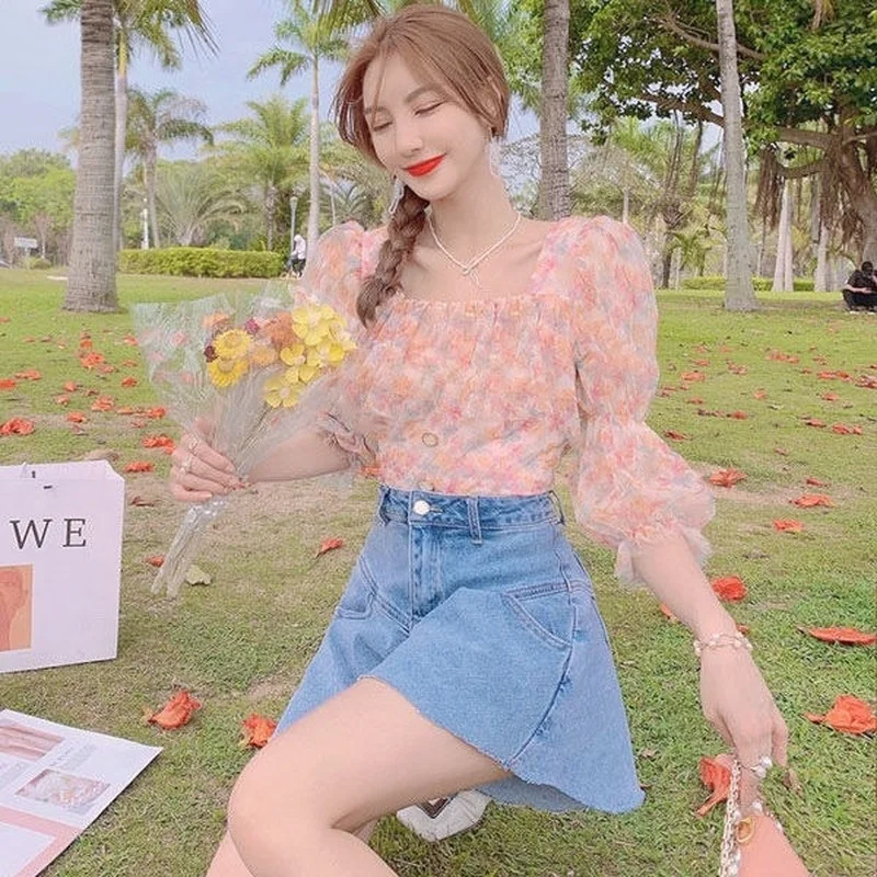 

Kawaii Floral Chiffon Blouse Women Summer 2021 Puff Sleeve Korean Fashion Elegant Shirts Print Pretty Beach Bohemian Tops 2021