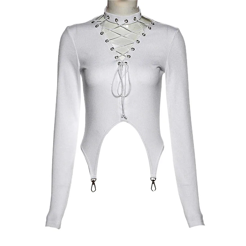 

ThornTreeHalter Solid T-shirts Clubwear Hollow Out Lace-up Irregular Hem Bandage Long Sleeve Knitted Women T-Shirts Streetwear
