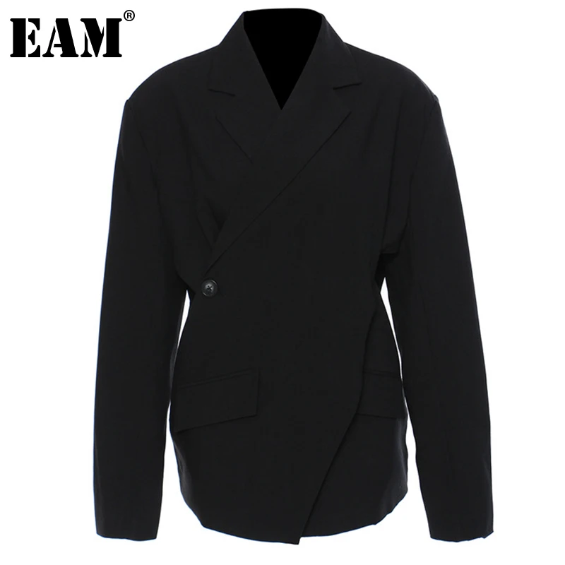 

[EAM] Женский Черный Асимметричный Блейзер большого размера, новая свободная куртка с отворотом и длинным рукавом, модная демисезонная 2022 ...
