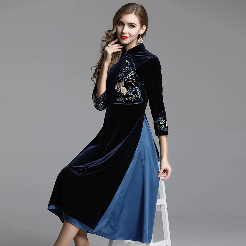 Осень и зима китайский стиль бархат вышивка Ретро cheongsam размера плюс платье S-3XL