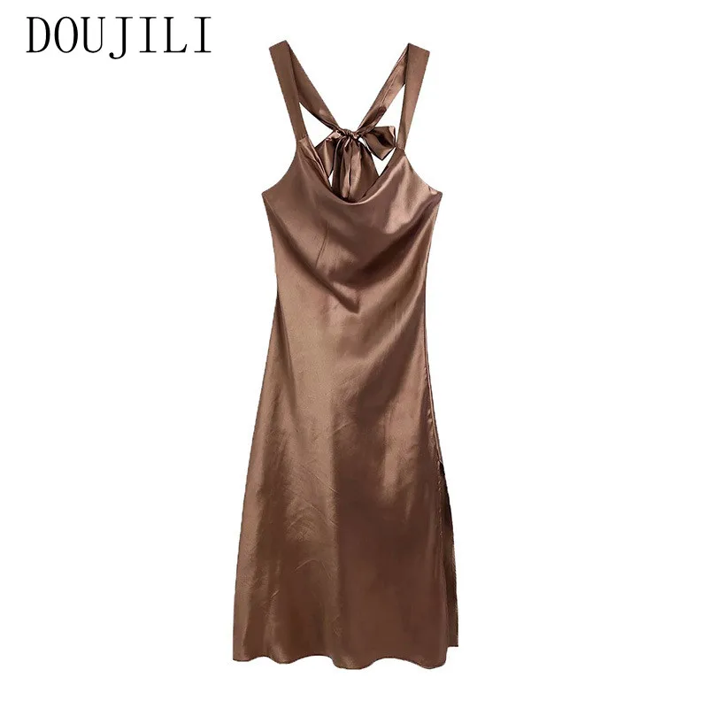 

DOUJILI Elegan Women Dress Fashion Satin Halter Sleeveless Backless 2021 Female Long Dress