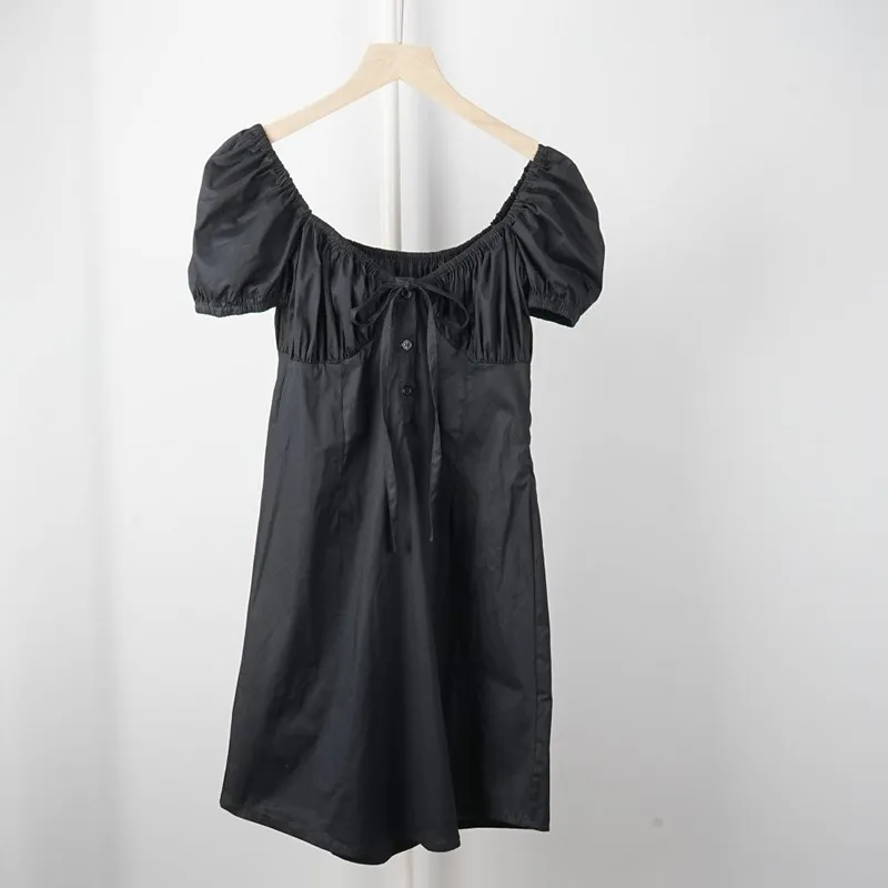 

2020 Women Summer Cotton Loose Solid Color Sexy Slim V-Neck Mini Dress Female Fashion Black Puff Sleeve Above Knee Vestidos ML67