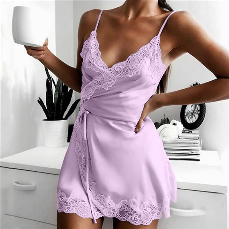 Summer Women's Nightdress Elegant Ladies Sling Sleeveless Lace Female Nightgown Stretch Satin Pajamas Swimsuit 2021 | Женская одежда