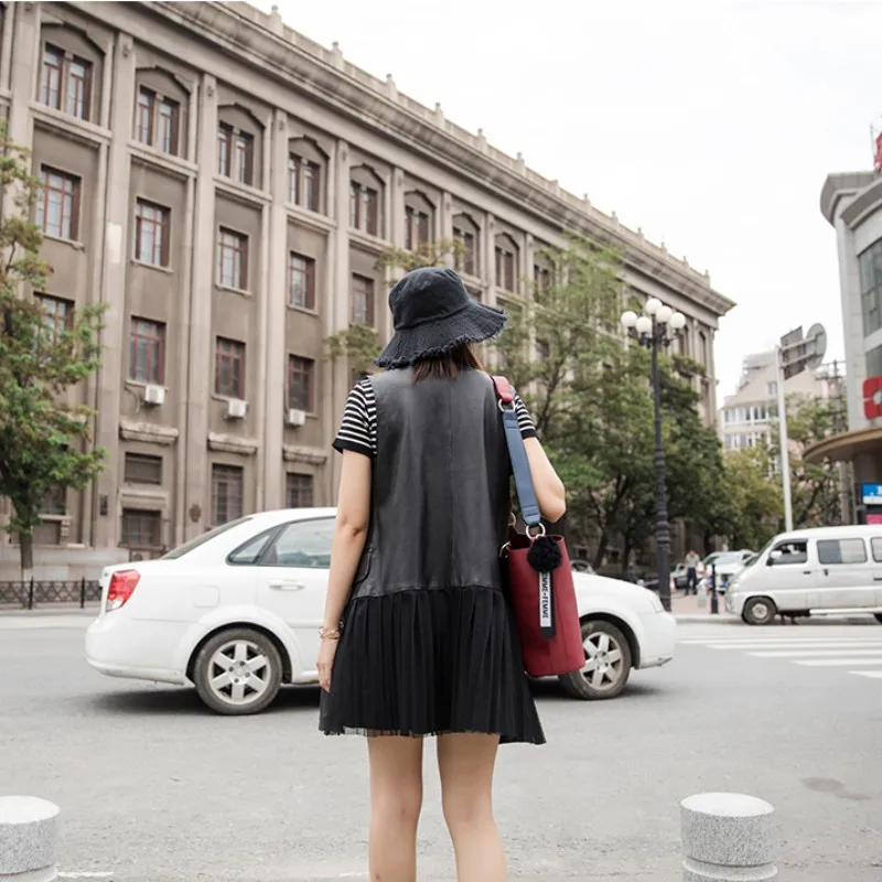 Новое Женское Сетчатое платье без рукавов из натуральной кожи Повседневная