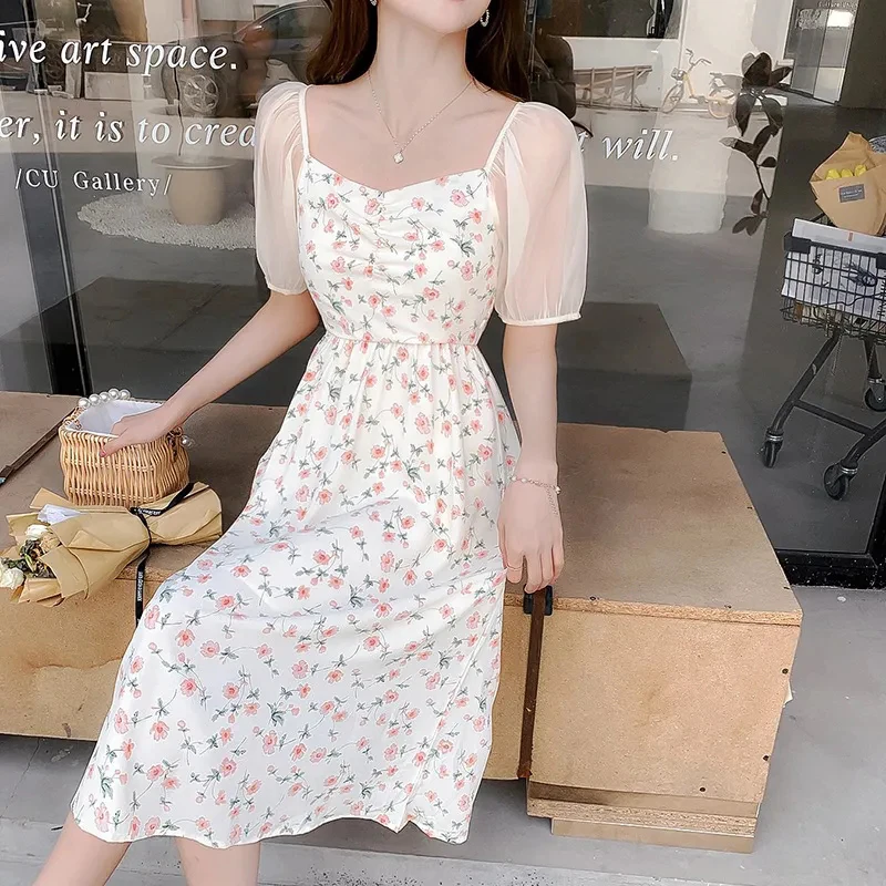 

Summer Sweet Chiffon Floral Women Dress Korean Style High Waist Mesh Short Sleeves Dresses For Women 2021 Hem Knee-length Dress
