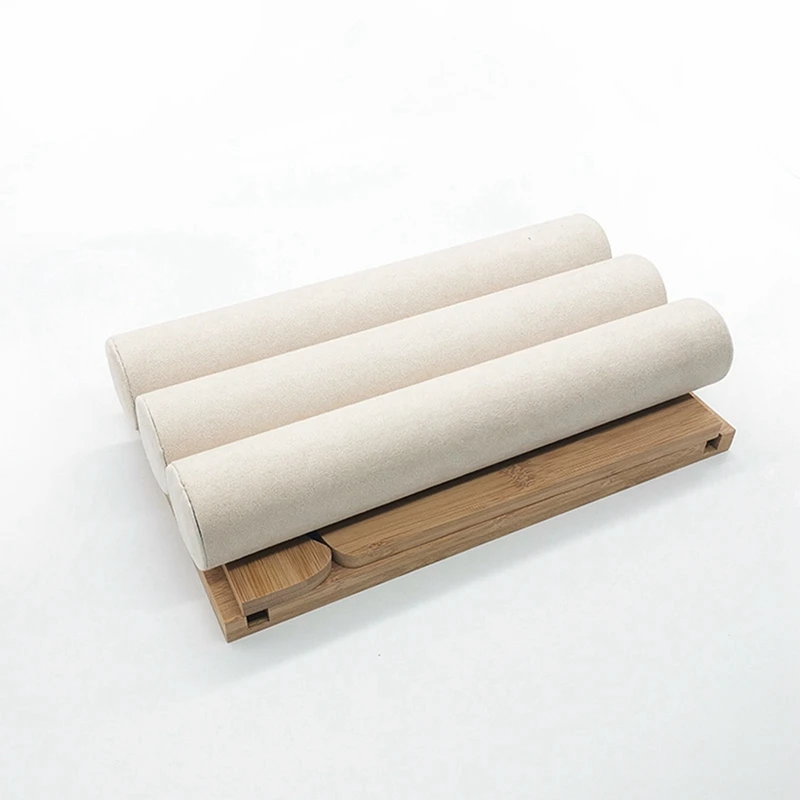 

1x 3 Tier Bamboo Bracelet Display Velvet Stand White & 1x Solid Wood Earring Storage Board Jewelry Stand Beige