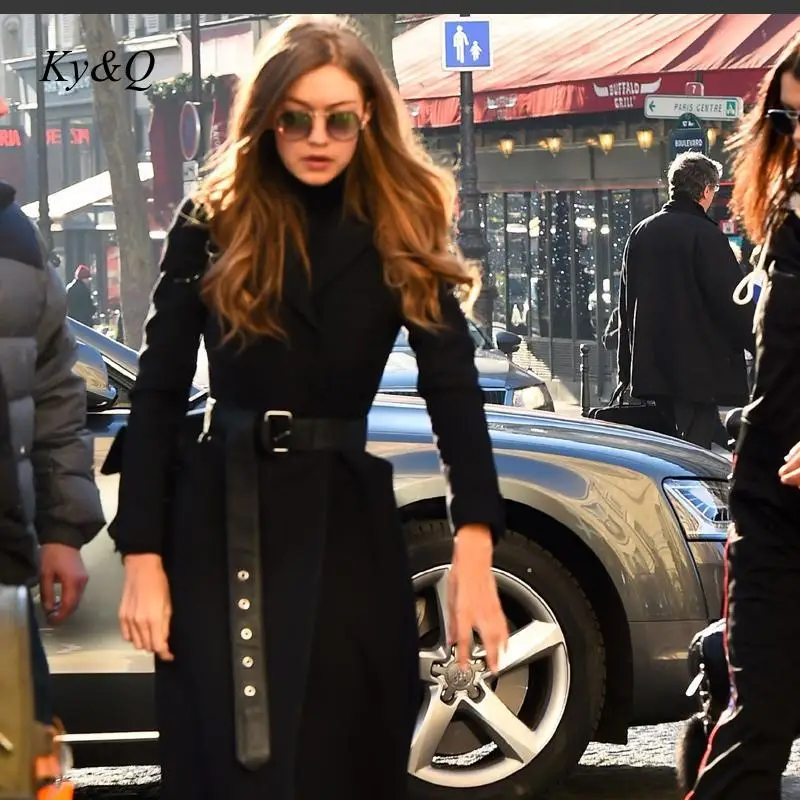 

Classic Double-Faced Cashmere Winter Overcoat 50% Woolen Double-Breasted Belt Thick Warm Women Slit Long Jacket Coat Cardigan