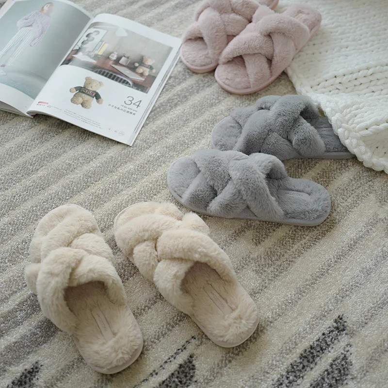 

Warm Fluffy Slippers Women Cozy Faux Fur Cross Indoor Floor Slides Flat Soft Furry Shoes Ladies Female Celebrities Flip Flops