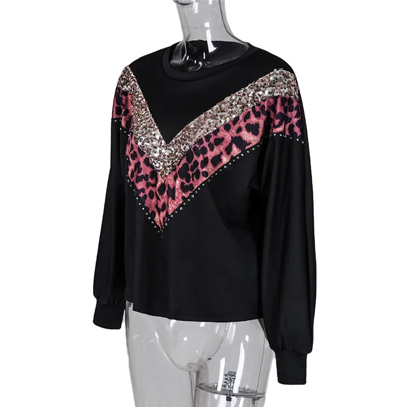 

Women Loose Sweatshirt New Fashion Patchwork Sequins Leopard Long Sleeves Tops Wear Casual Pullovers Female's Autumn Jumper Fall