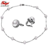fashion 925 sterling silver chain necklace and earring set natural freshwater pearl jewelry for womens gift wholesale feige