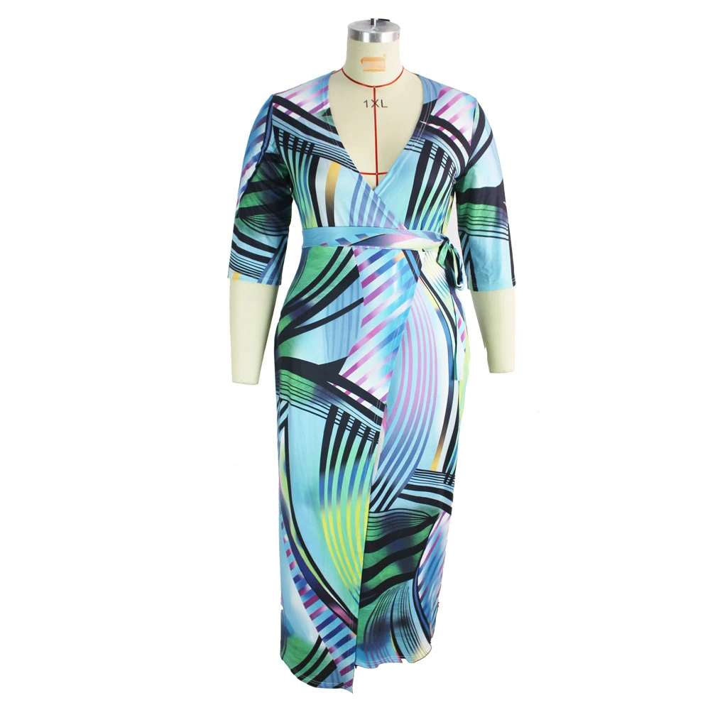 

Western Style Oversize African Fashion Women's Dress 2021 Summer New V-neck Printing Bandage Split Fork Casual Long Sleeve