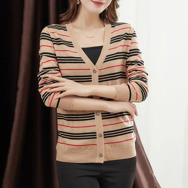 

Striped Cardigan Women's Loose Fit with 2021 Spring and Autumn New Long Sleeve Top Thin Knitwear Short Sweater Coat