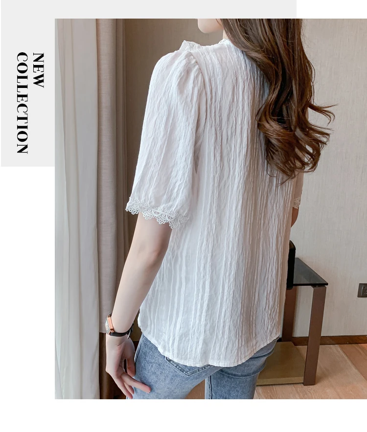 

Houthion Short-sleeved Women's Blouse Pure Color Stitching V-neck Korean Fashion Tops Casual Comfortable Chiffon Shirt