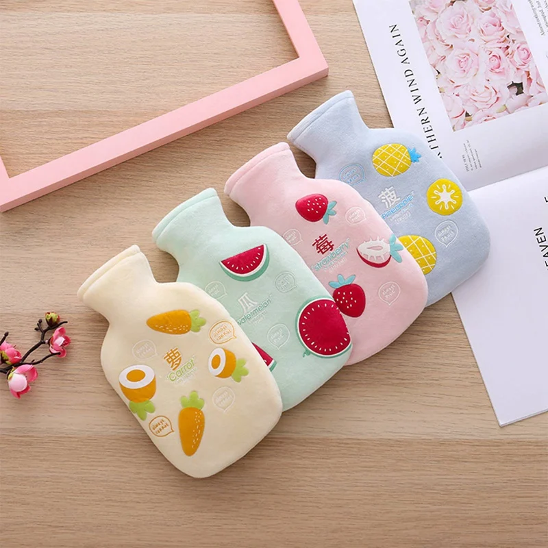 

350ml Cute Fruit Print Hot Water Bottle Rubber Soft Flannel Winter Portable Detachable Washable And Leak-Proof Warm Pot