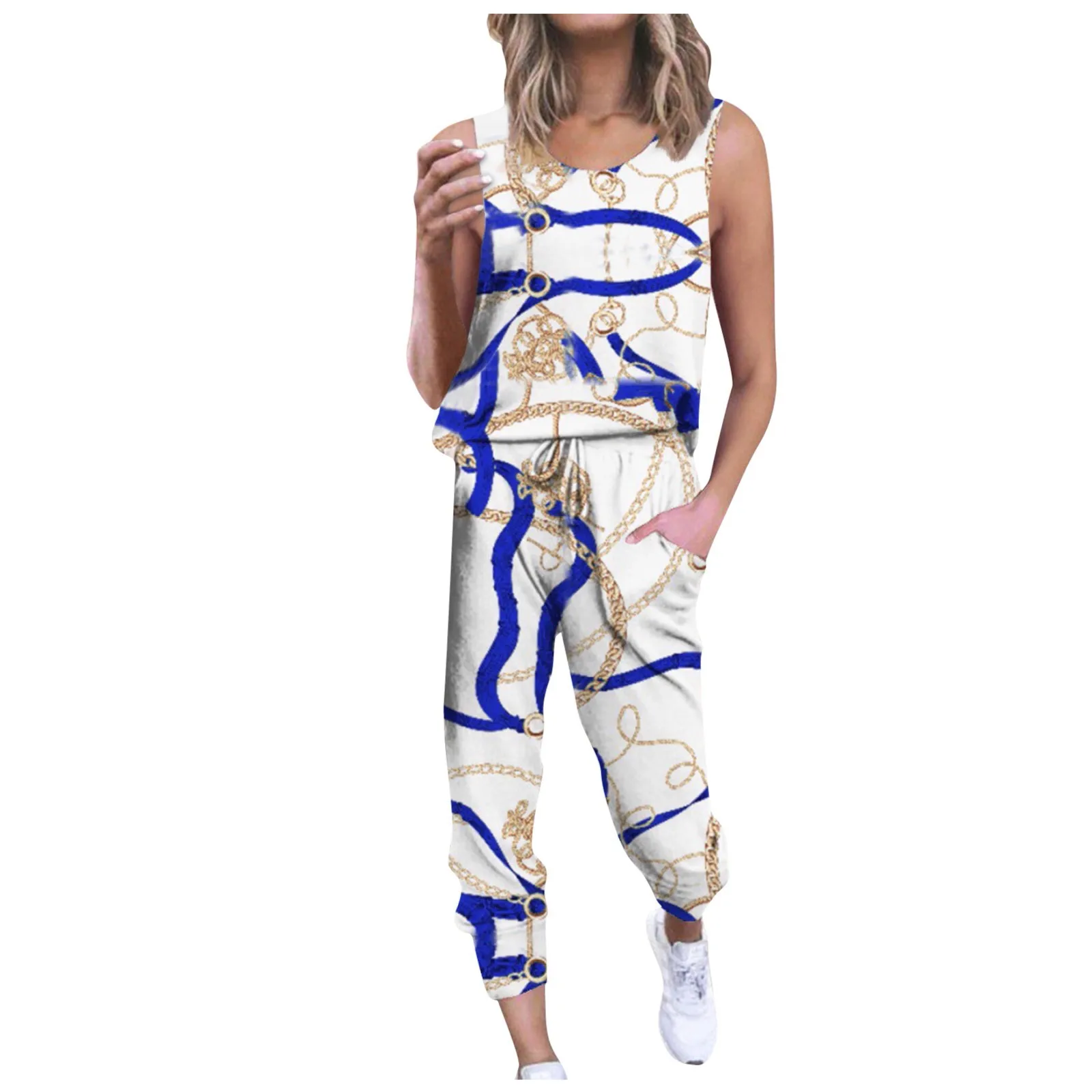 

Освежающий летний женский костюм без рукавов, повседневный жилет на бретельках с круглым вырезом и завязкой, спортивный костюм, летняя мода...