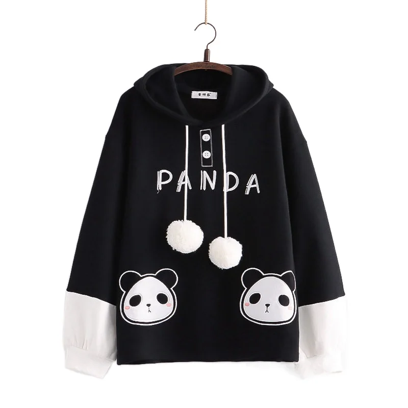 Women Kawaii Hoodies Harajuku Color Matching Panda Plus Velvet Warm Patchwork Hooded Sweatshirt Female Thick Pullovers 24799