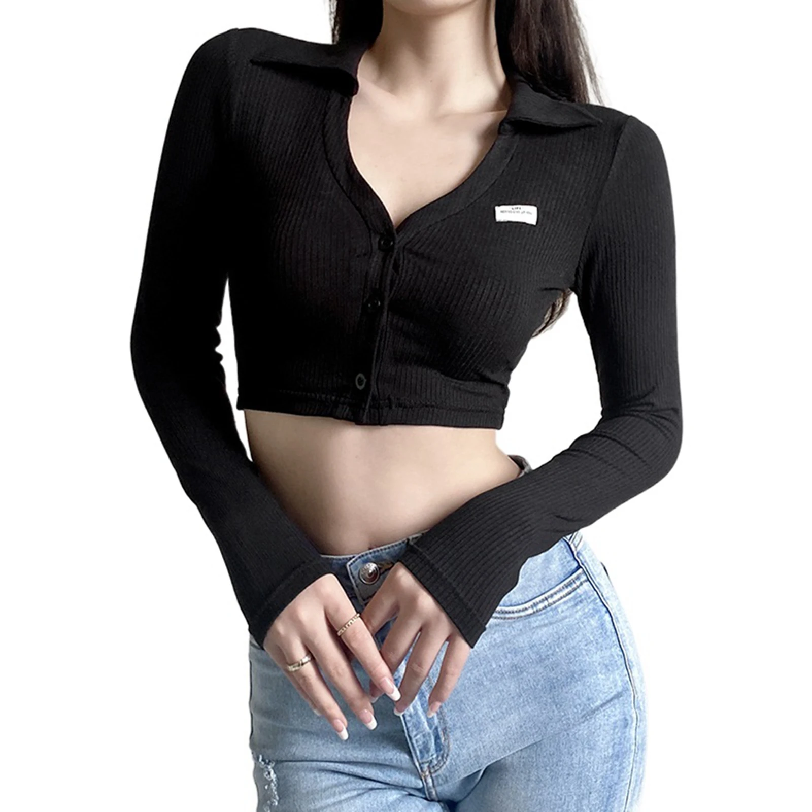 

Ladies Sexy Knitted Midriff-baring Tops, Leisure Style Solid Color V-neck Single-breasted Long Sleeve T-shirt Slim Base Shirt