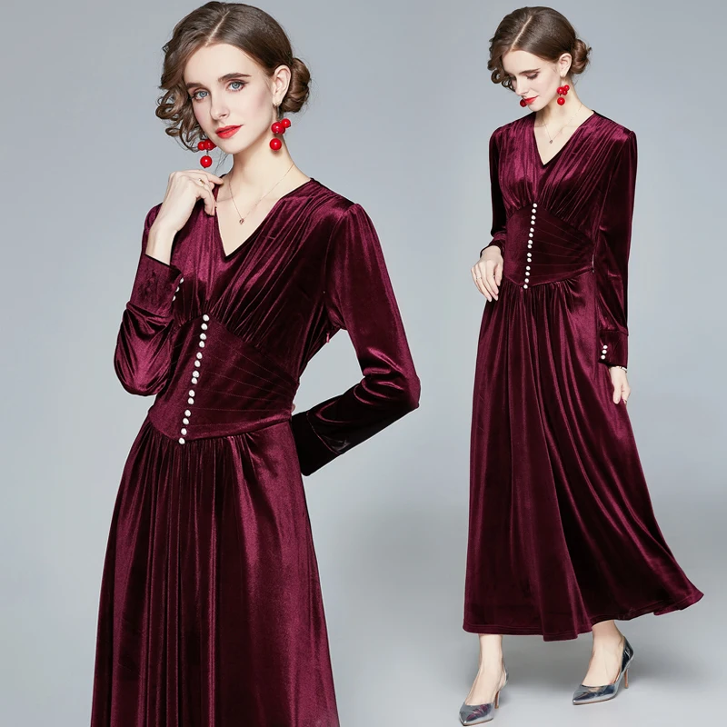 

Vintage Women Autumn Long Sleeve V Neck Pleated Velvet Banquet Party Maxi Dress 2021