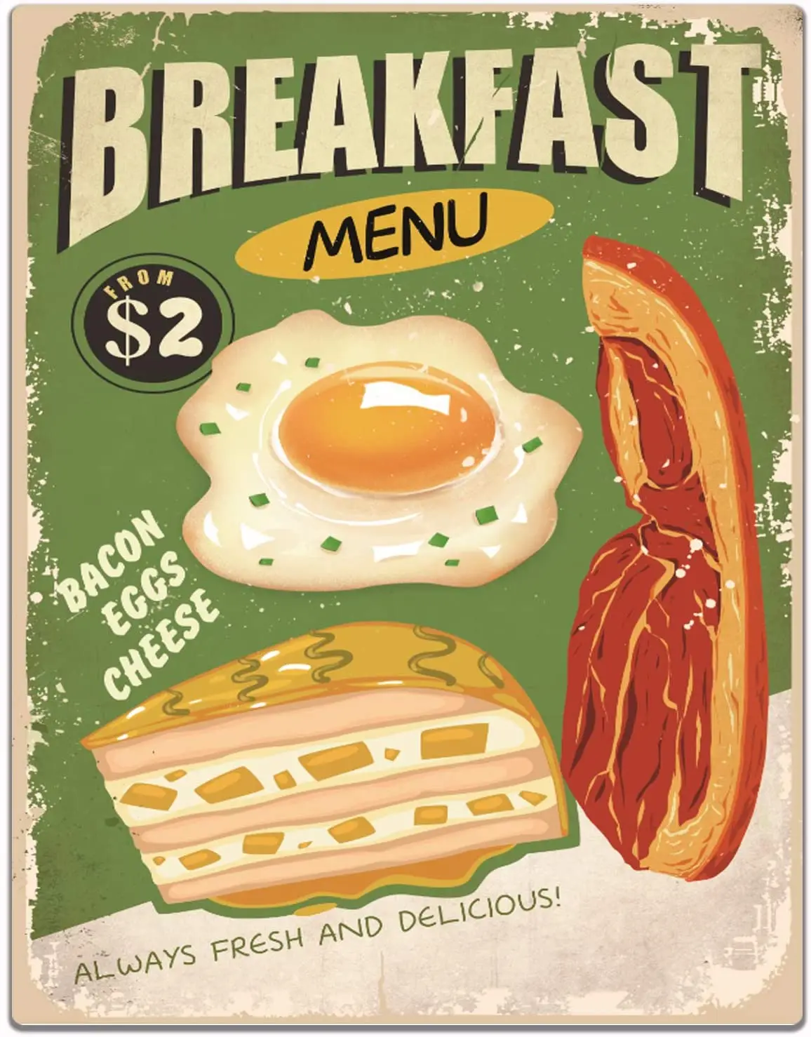 

Breakfast Menu Tin Sign Food Poster Bacon Eggs Cheese Aluminum Metal Poster Wall Art Decor 8x12 in / 20x30 cm