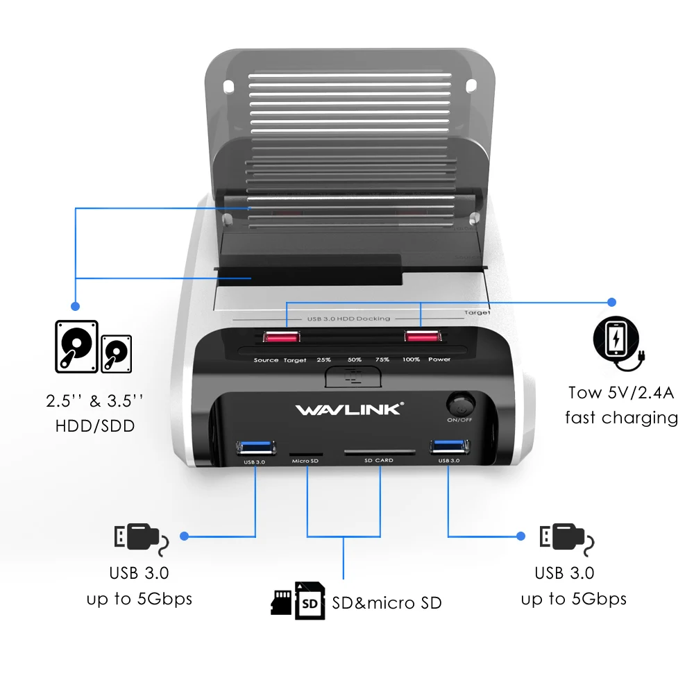 Wavlink 2.5 3.5 inch USB 3.0 to SATA Dual-Bay Hard Drive Docking Station w/ Offline Clone&ampUASP Card Reader for 2.5&quot&amp3.5&quot HDD SSD |