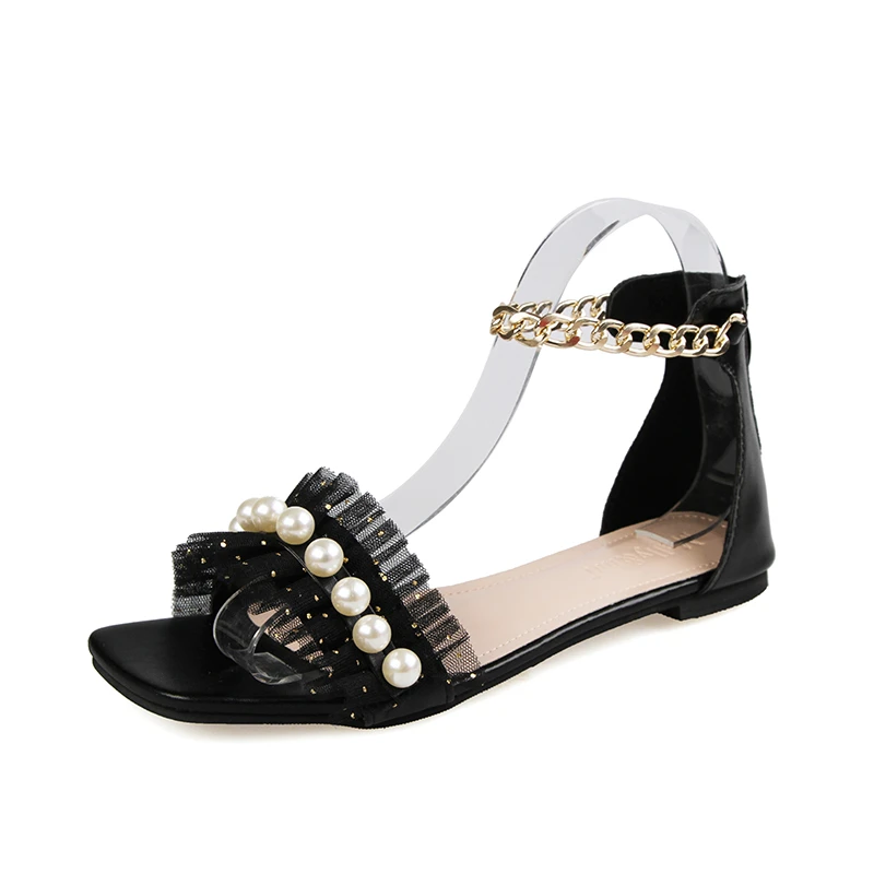 

Fashion Crystal Heels Pearl Women Sandals 2022 Lace Ruffles String Bead Low- Heels Open Toe Fairy Style Ladies Shoes and Sandal