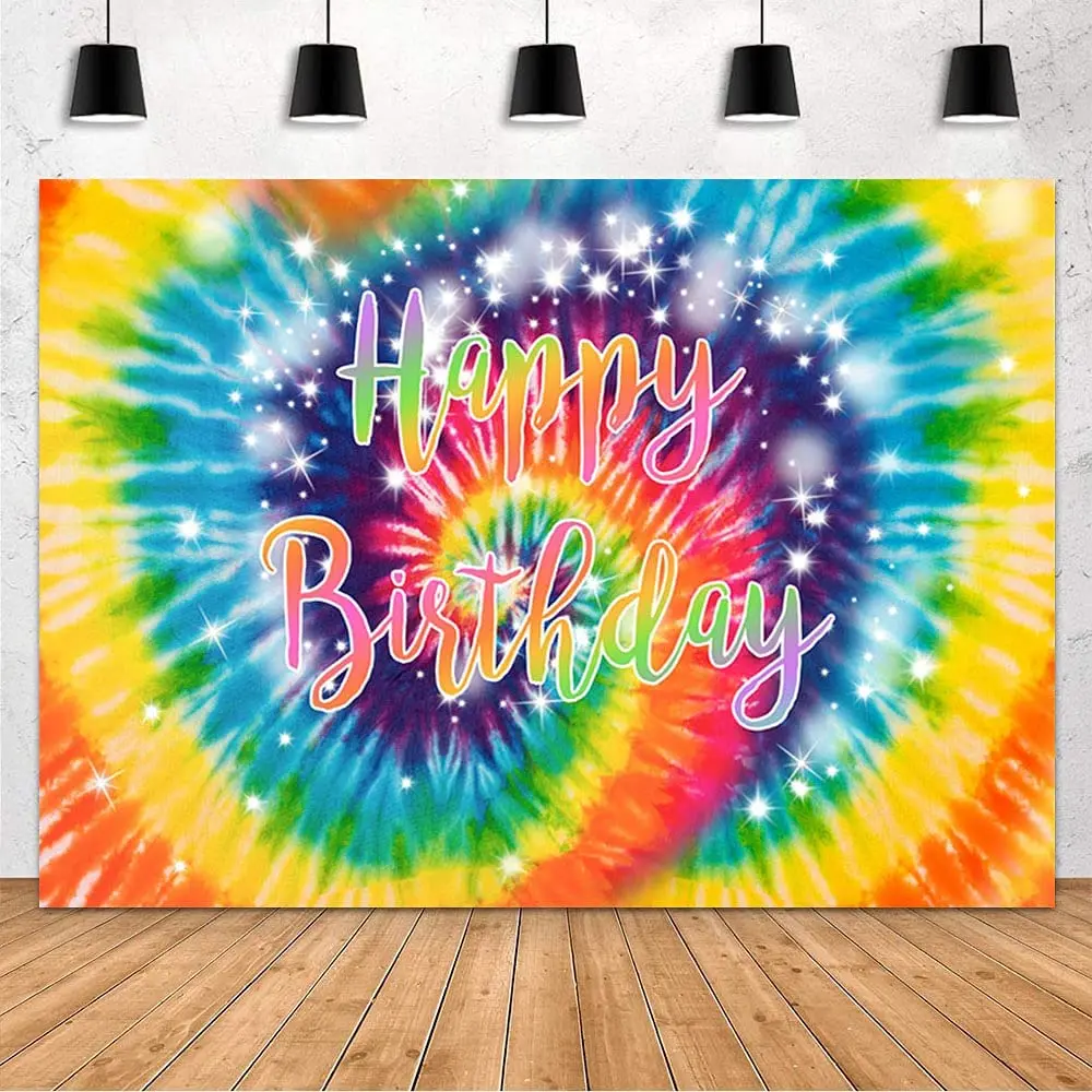 

Tie-Dye фон для дня рождения, украшение для темативечерние в стиле хиппи 60-х годов, фон для фотосъемки в честь Дня рождения, баннер, торт, стол
