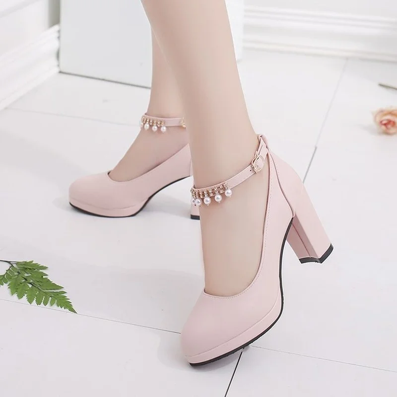 

Plus Size 41 Women's Wedding Shoes String Bead Ankle Strap Middle High Heels Dress Platform Bridal Pearl Pumps 8cm 2021 Autumn