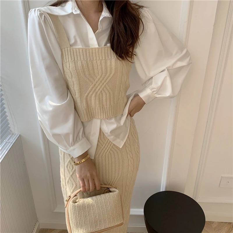

New Solid Sweater+Shirt + High Waist Skirts Woman Knitted 3 Piece Sets Autumn Elegant Korean Chic Dress Sets Female Winter