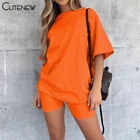 Женский Повседневный костюм, Однотонная футболка с коротким рукавом и круглым вырезом и шорты, удобная спортивная уличная одежда для фитнеса