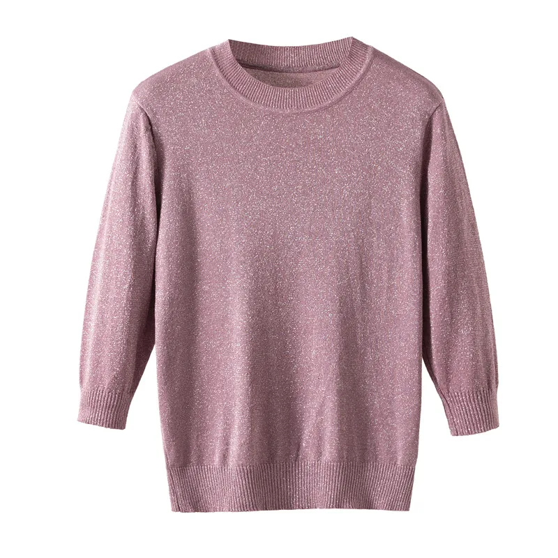 Женский свитер с круглым вырезом и блестящим люрексом на весну осень базовый