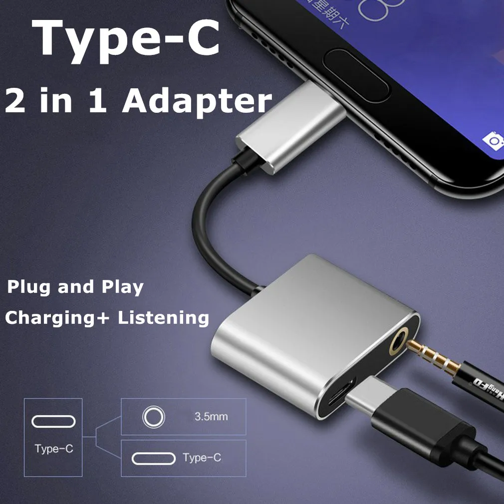 

Type C Audio Adapter 2in1 Splitter USB C Adapter Type-C to 3.5mm Jack Charge Cable for Samsung for Xiaomi Charge Audio Adapter