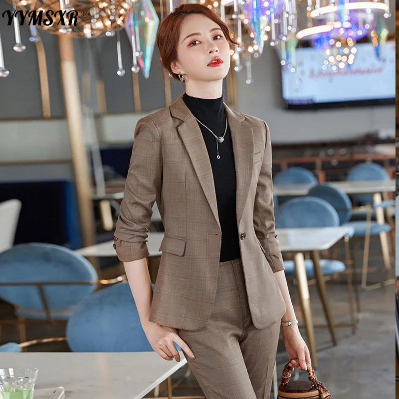 Gray Plaid Suit Trousers Two-piece Suit 2023 New Winter Fashion Temperament Formal Jacket Casual Office Professional Wear