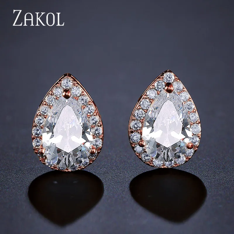 Rose Gold Earrings ZAKOL нигерийские Ювелирные наборы в виде белых капель воды модные каплевидные кубические циркония ювелирные изделия для женщин подружек невесты Помолвочные FSSP267 - Окраска металла: Rose Gold Earrings