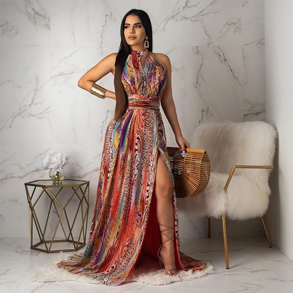 Повседневное удобное Boho Макси женское платье с принтом винтажное пляжное