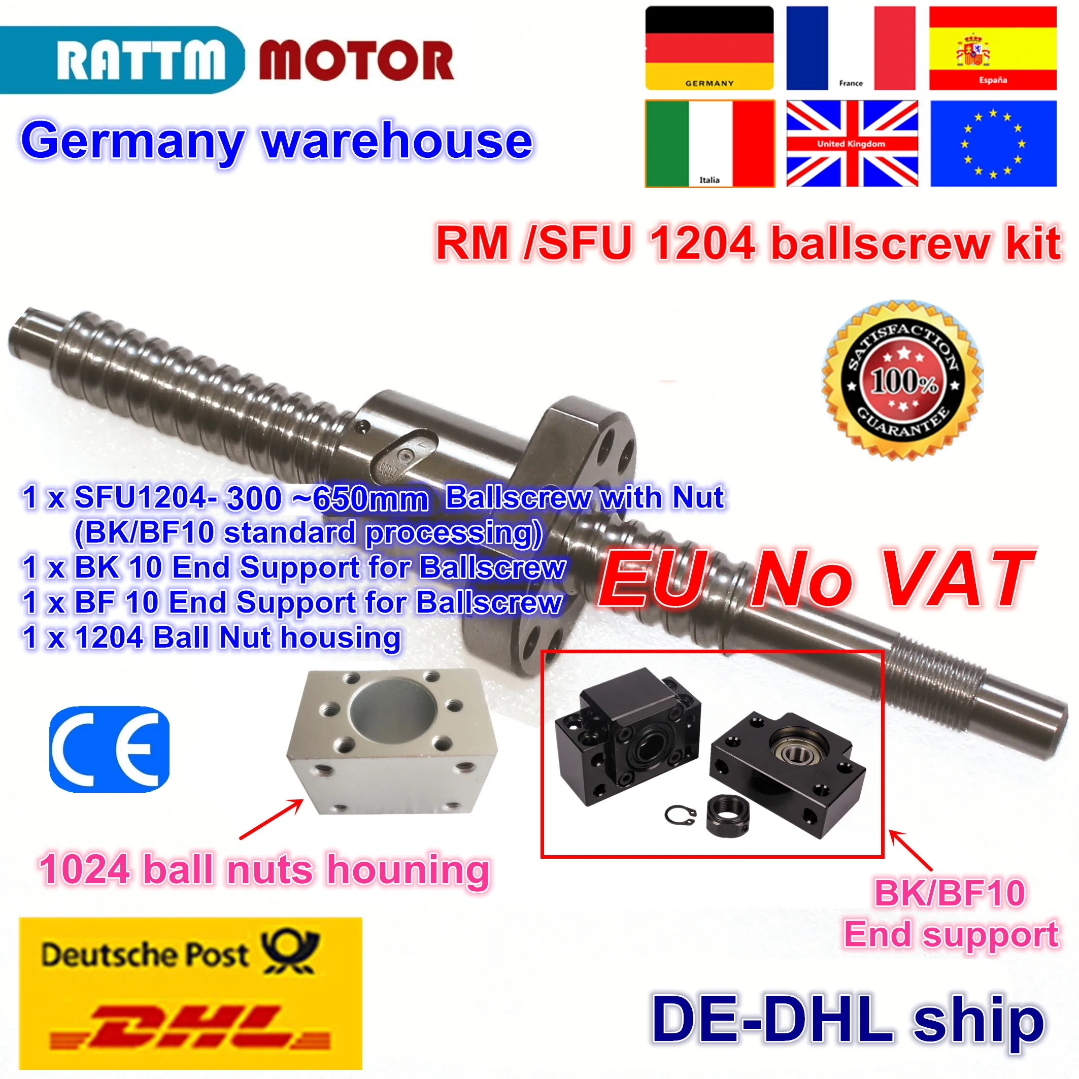 

EU free VAT SFU / RM 1204 Ballscrew - L300/350/400/500/600/650mm+ 1204 Ballnut + BK/BF10 End support+ Ball Nut Housing for CNC