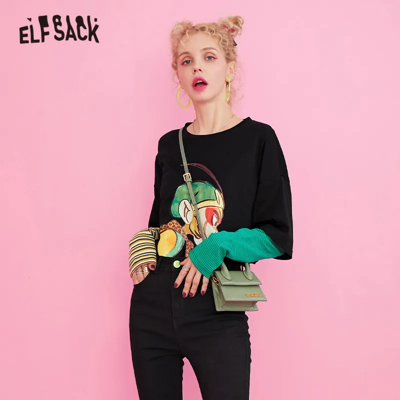 ELFSACK хлопковые полосатые футболки с мультяшным принтом для женщин Осенняя модная повседневная футболка больших размеров из двух частей в Корейском стиле панк