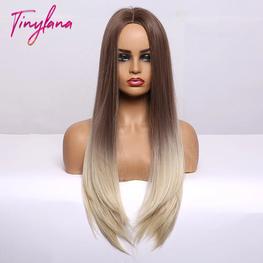 

TINY LANA Long Silky Straight Synthetic Wigs Ombre Dark Brown to Blonde Cosplay Party Daily Wigs for Women Heat Resistant Fiber