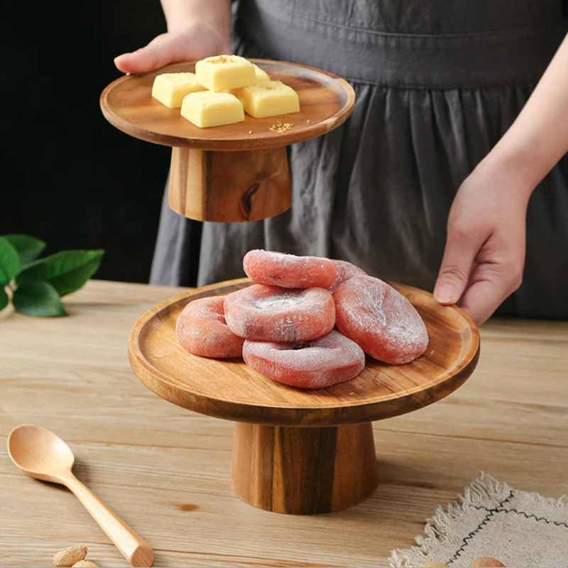 

Retro Round Fruit Dessert Tray Solid Wood Plate Afternoon Tea Personality Cake Snack Table Japanese-style Tall Creative Modern