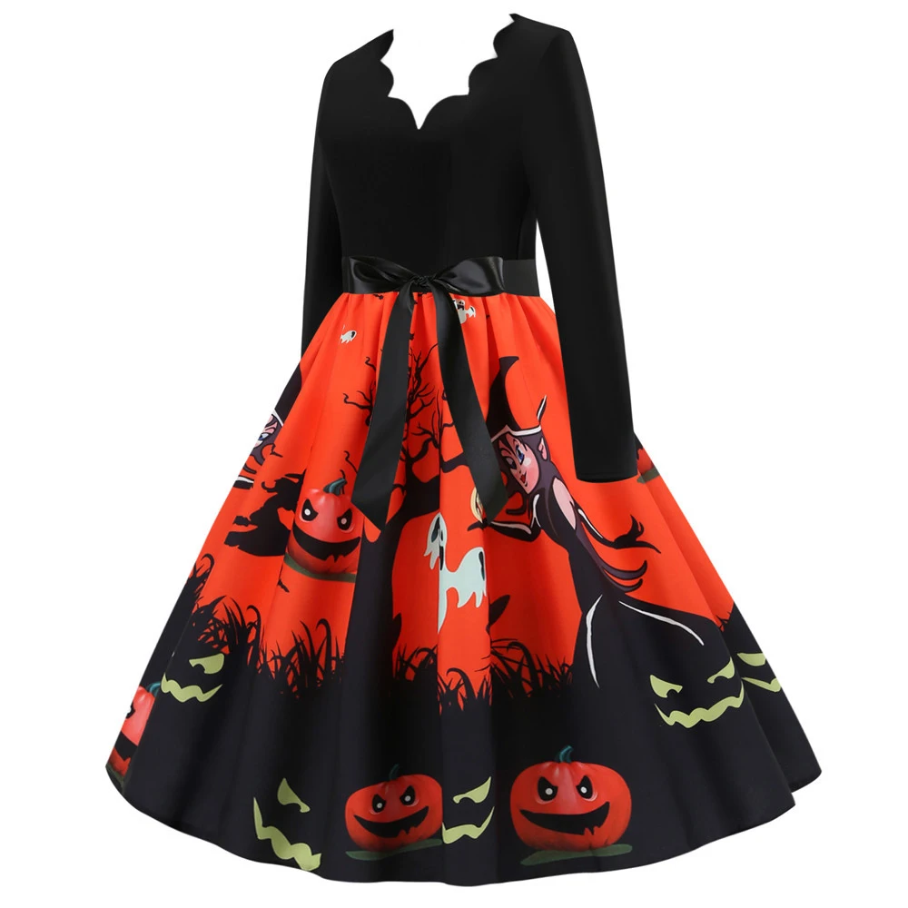 Женское винтажное платье с v образным вырезом и длинным рукавом в стиле ретро на