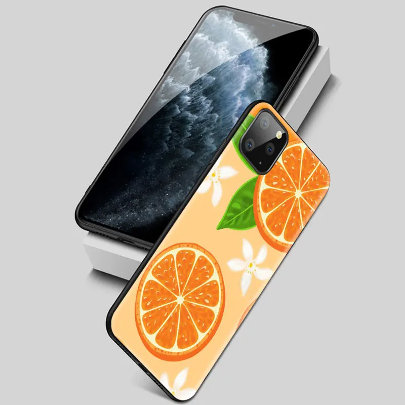 

Black Phone Case For Apple iPhone 11 12 Pro Max Soft Silicone Capa For iPhone 7 XR X Plus Cover Green Leaves Fruit Lemon Peach