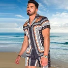 Гавайская рубашка и шорты для мужчин, повседневный пляжный комплект из двух предметов, с принтом, с коротким рукавом, модная уличная одежда, лето