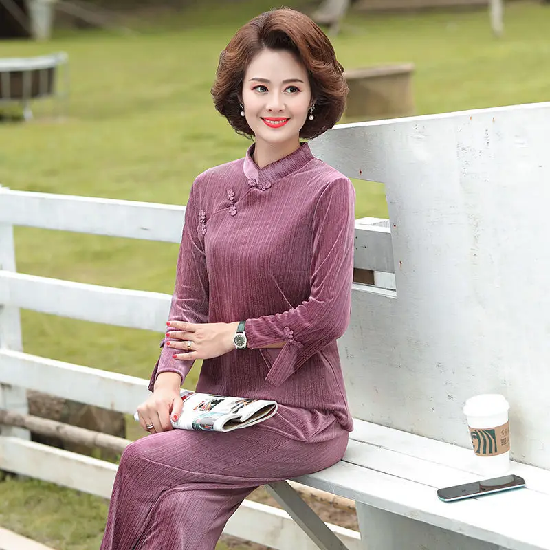 

Middle-aged Women Gold Velvet Pants Suit 2021 Autumn Large Size Loose Tops + Trousers 2PCS Female Fashion Elegant Set XL-4XL D14