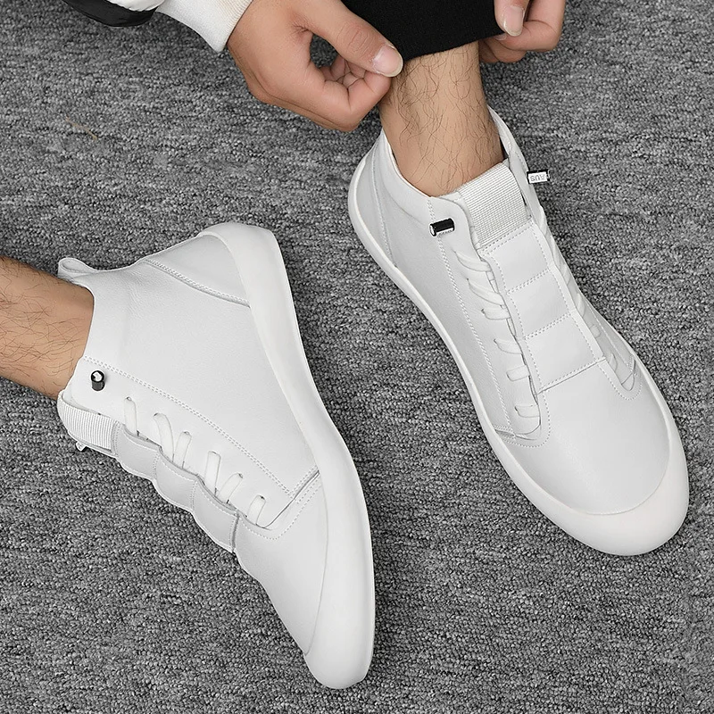 100% Genuine Leather Shoes Men High top Sneakers Fashion White Cool Street Young Man Footwear Male KA2032 |