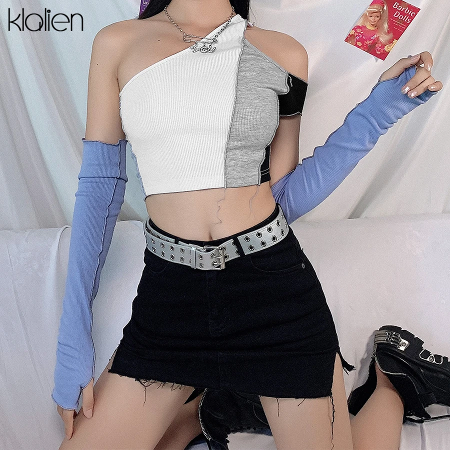 Повседневная Уличная простая Базовая футболка KLALIEN в стиле пэчворк женская