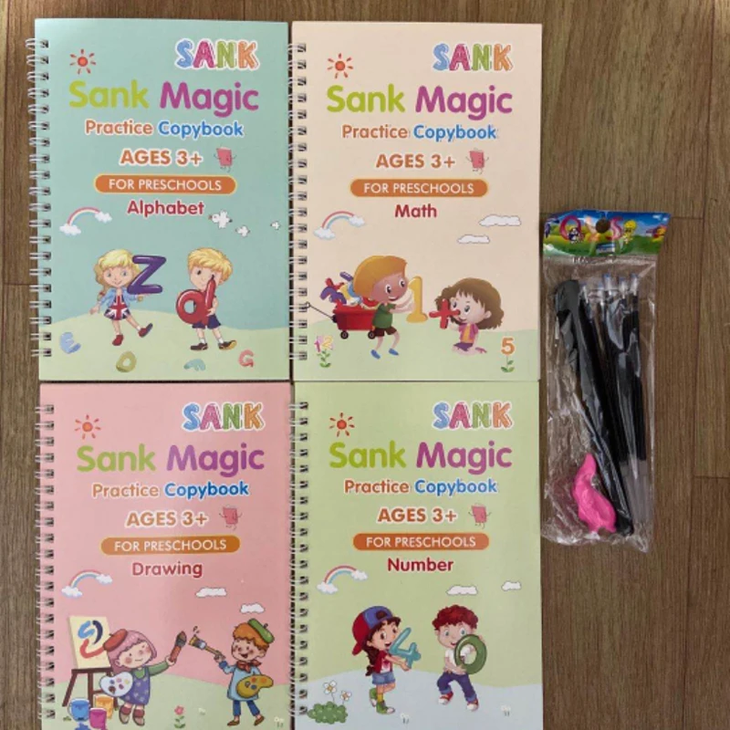 

4 Books+Pen+Sticker Magic Learn Book Free Wiping Children's Toy Writing Sticker English Copybook For Calligraphy Montessori Toys