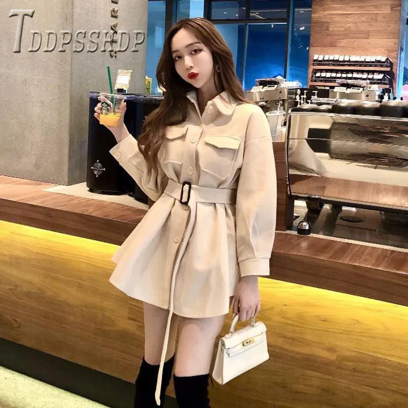 

2019 Single Breasted Waist Belt Woolen Women Coat Pocket Lapel Female Jacket