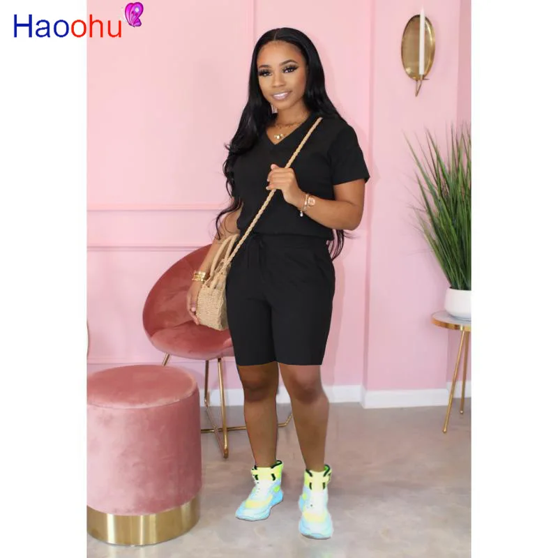 

Женский спортивный костюм из 2 предметов, однотонный короткий топ с коротким рукавом, футболка и короткие штаны, костюм, подходящий комплект...