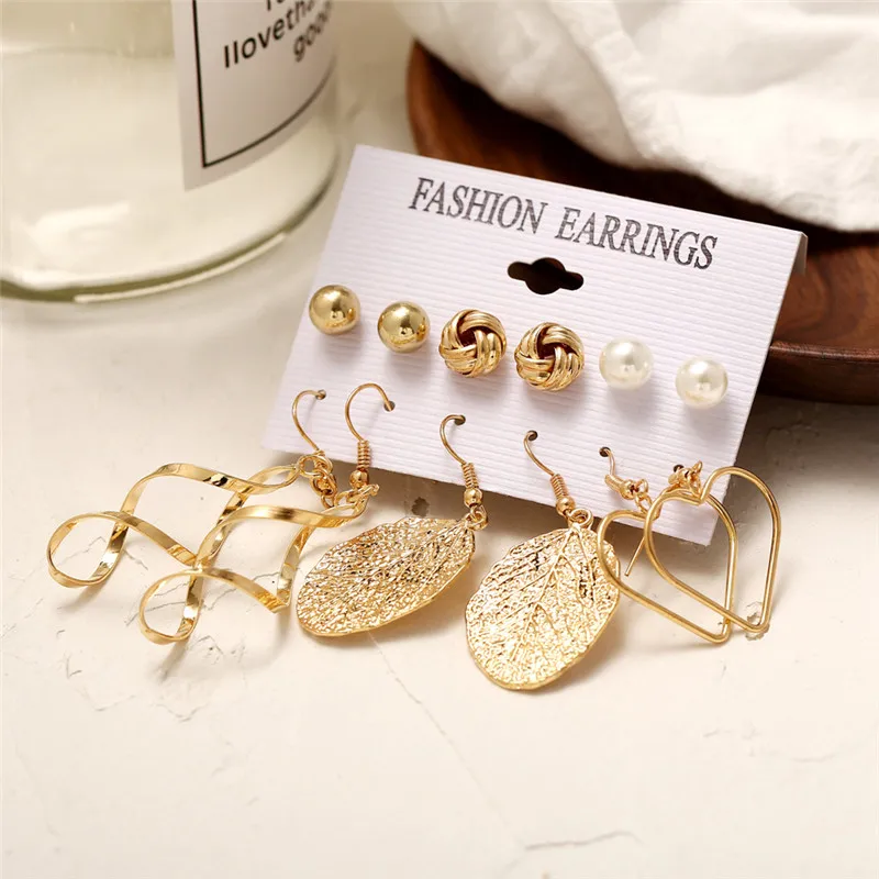 

HOCOLE Fashion Gold Color Geometric Stud Earring Set For Women Vintage Leaves Pearl Heart Metal Drop Earrings Jewelry 2019 New