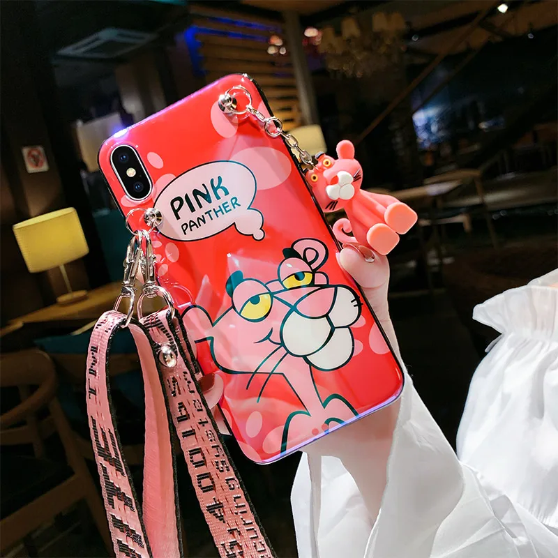 For iPhone XS max XR X Pink panther case Cute blue ray soft 8plus 7 8 7P 6 6S 6P phone cover +toy +strap |