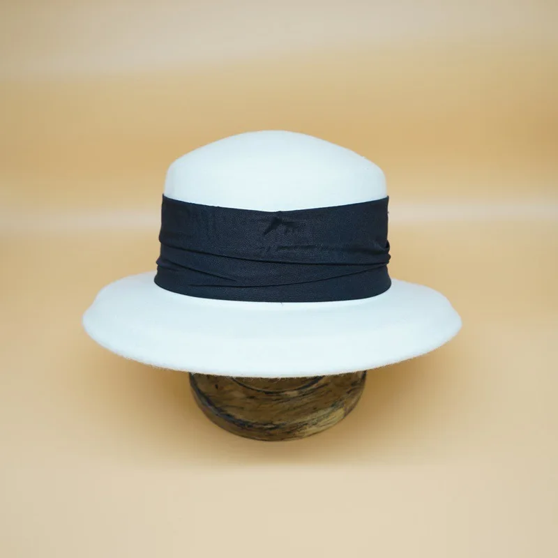 

202009-panshi-white wool japan design Hepburn fold ribbon wool formal lady bucket cap women formal fishermen hat